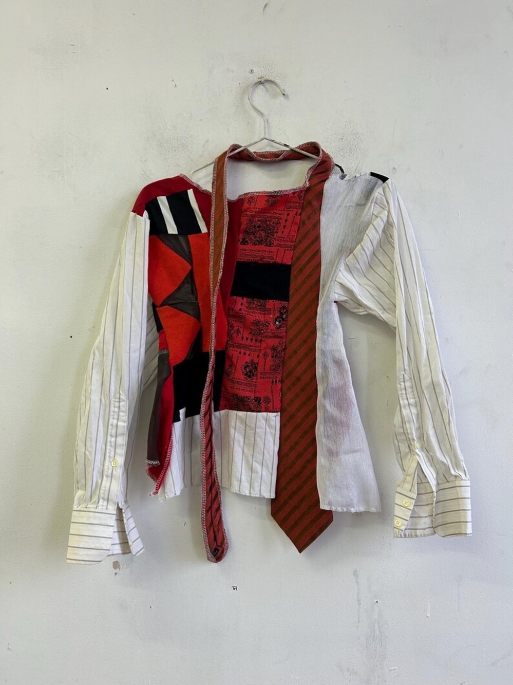 Patchwork Red & White Striped Shirt Jacket with Tie Detail